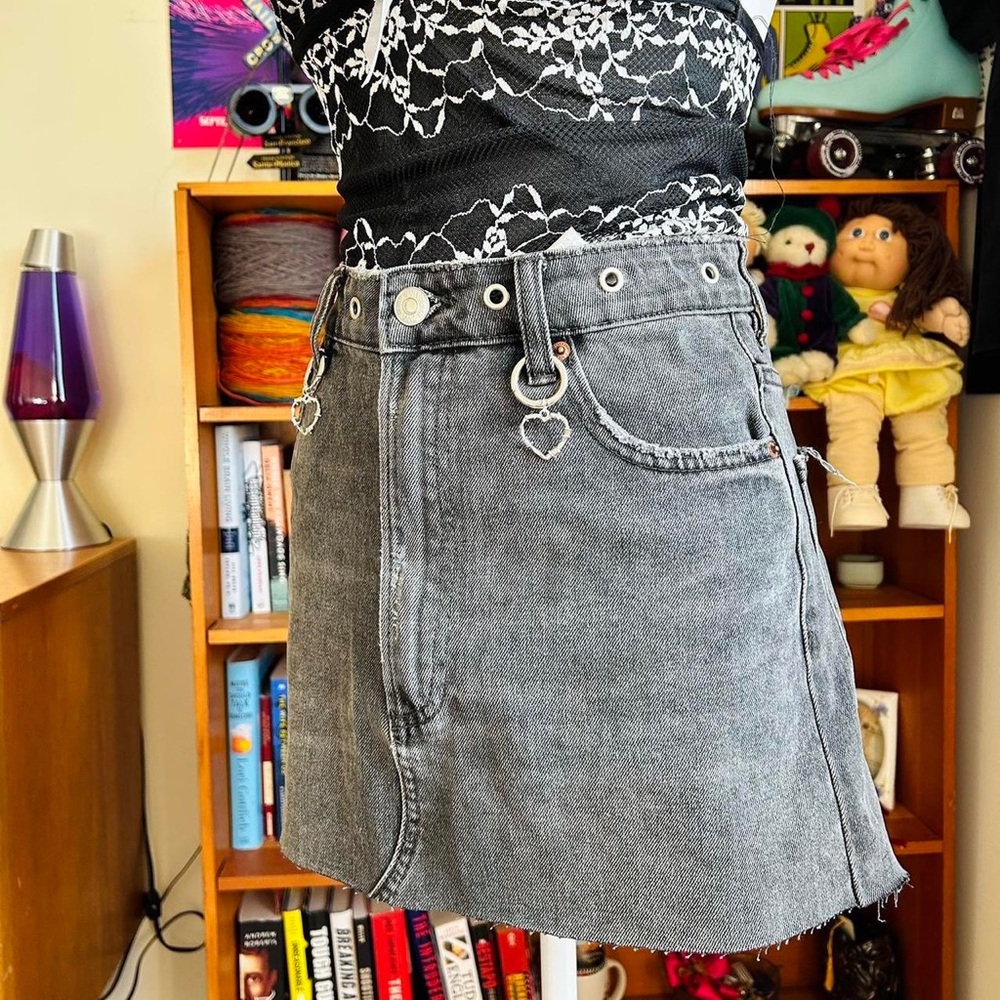 Washed Black Denim Mini Skirt with Heart Ring Detail
